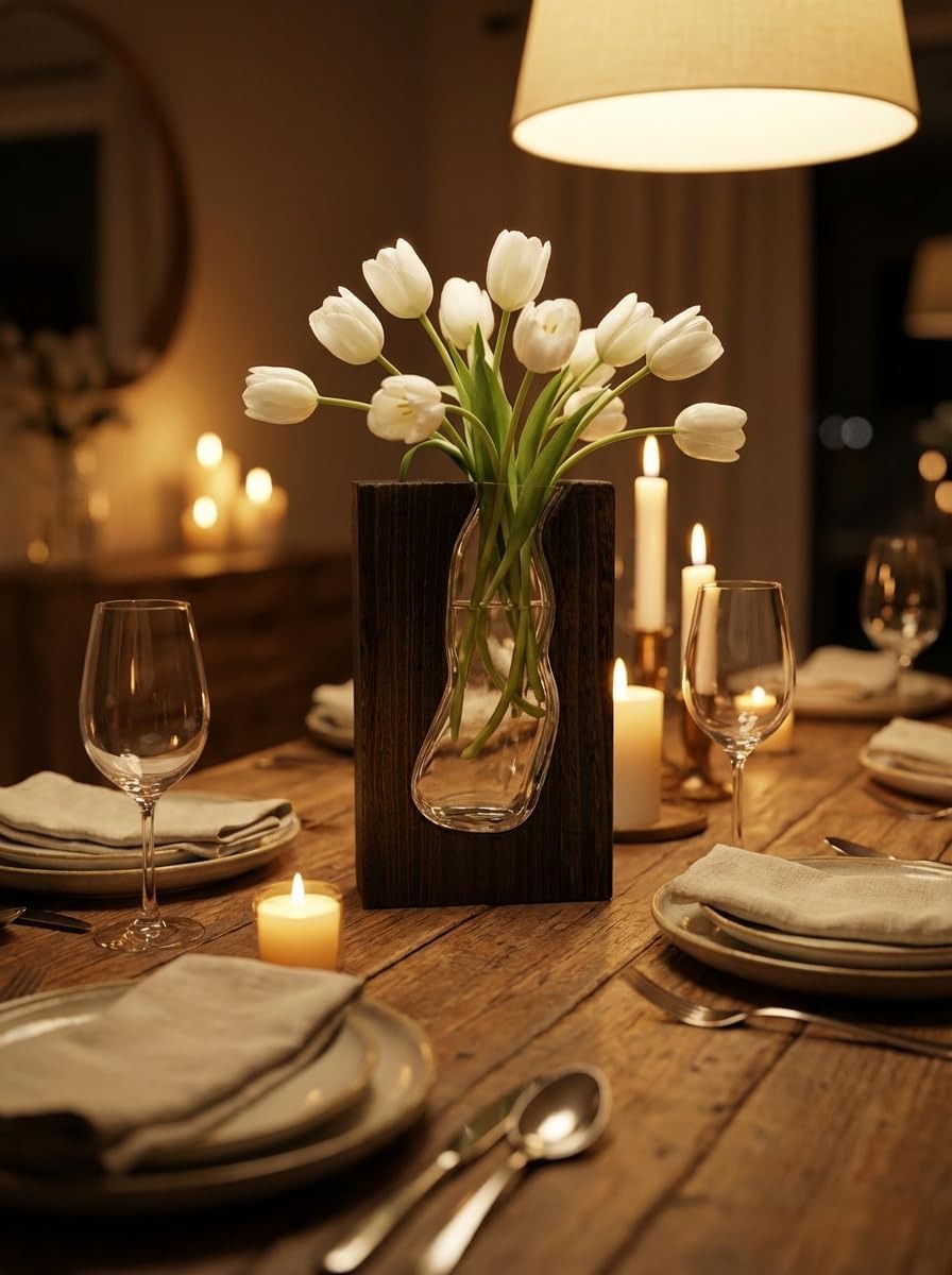 Handcrafted Solid Wood and Glass Vase – Rustic Farmhouse Table Centerpiece