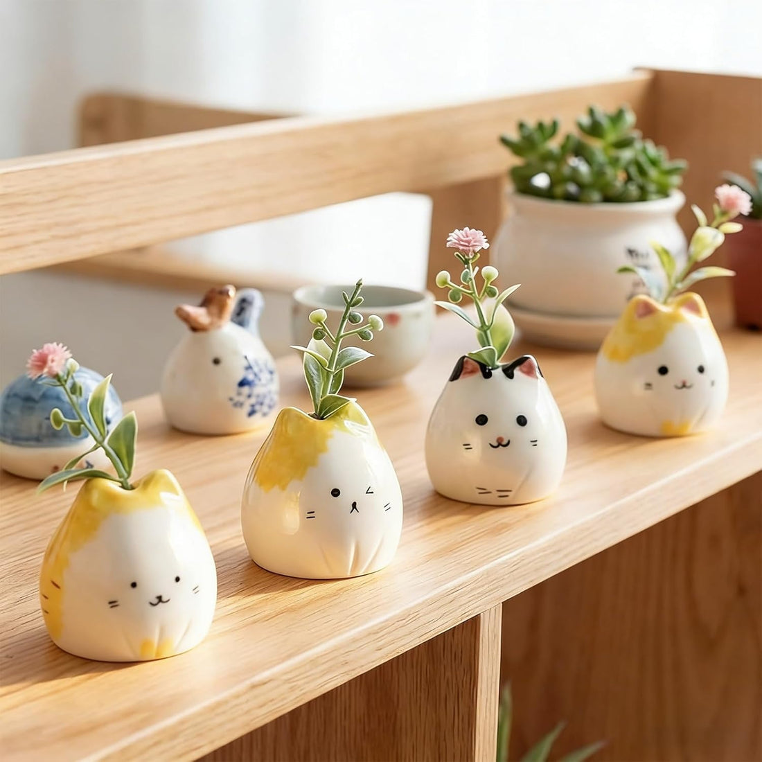 4 Pcs Mini Cat Ceramic Bud Vase Set – Unique Small Flower Vases
