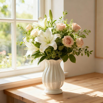 White Ribbed Farmhouse Ceramic Vase – 7.8" with Scalloped Rim, Decorative Vase