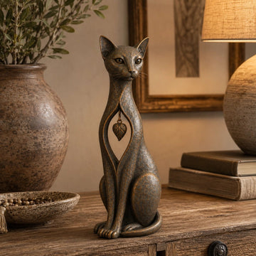 Vintage Bronze Cat Sculpture with Hanging Leaf Charm