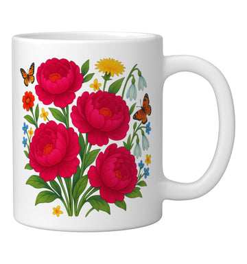 Watercolor Red Peony Floral Ceramic Mug – 11 oz Hand-Painted Bouquet