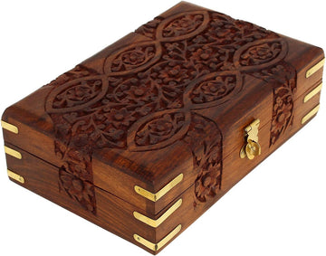 Handcarved Treasure Chest Wooden Jewelry Box – Memory Keepsake & Trinket Box