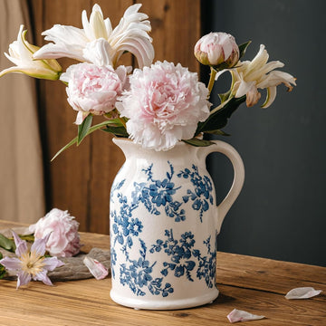 Blue and White Pitcher Vase – Vintage Ceramic Rustic Ice Crackled Porcelain