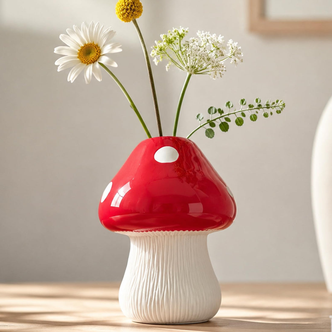 Mushroom Ceramic Flower Vase – Red & White Sculptural Vase