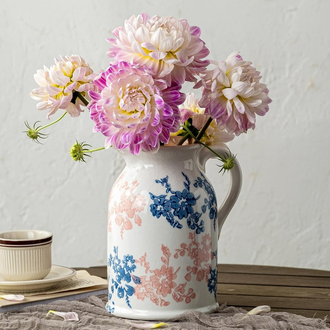 Blue and White Pitcher Vase – Vintage Ceramic Rustic Ice Crackled Porcelain