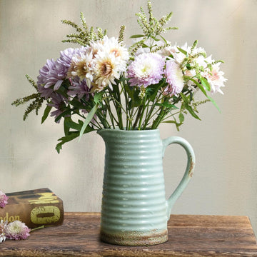 Green Distressed Ceramic Pitcher Vase with Handle – Rustic Farmhouse Decor