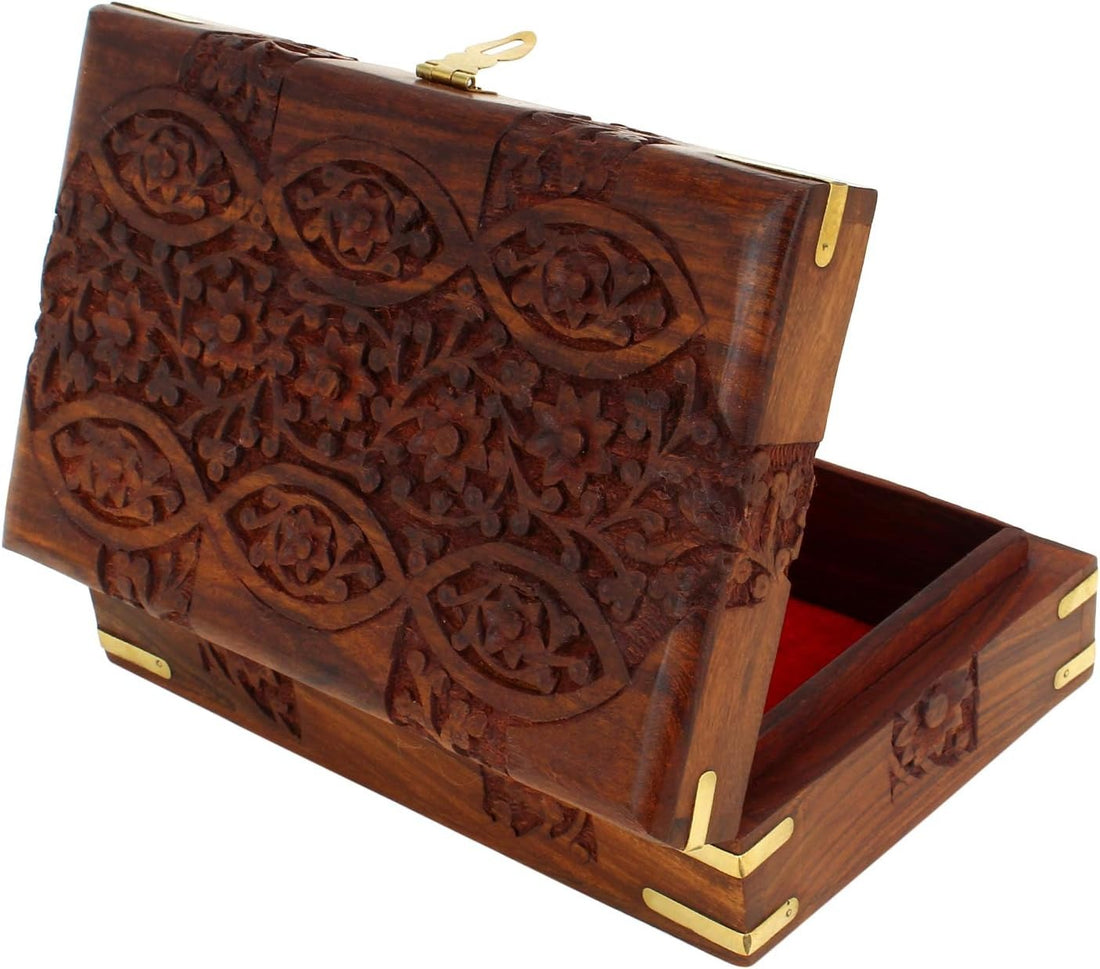 Handcarved Treasure Chest Wooden Jewelry Box – Memory Keepsake & Trinket Box