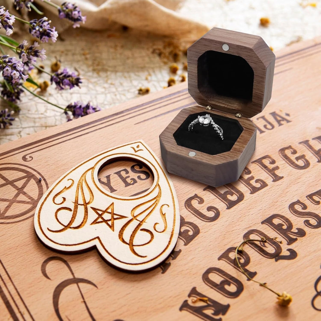 Black Walnut Wood Octagonal Ring Box – Portable Flip-Lid Jewelry Gift Box