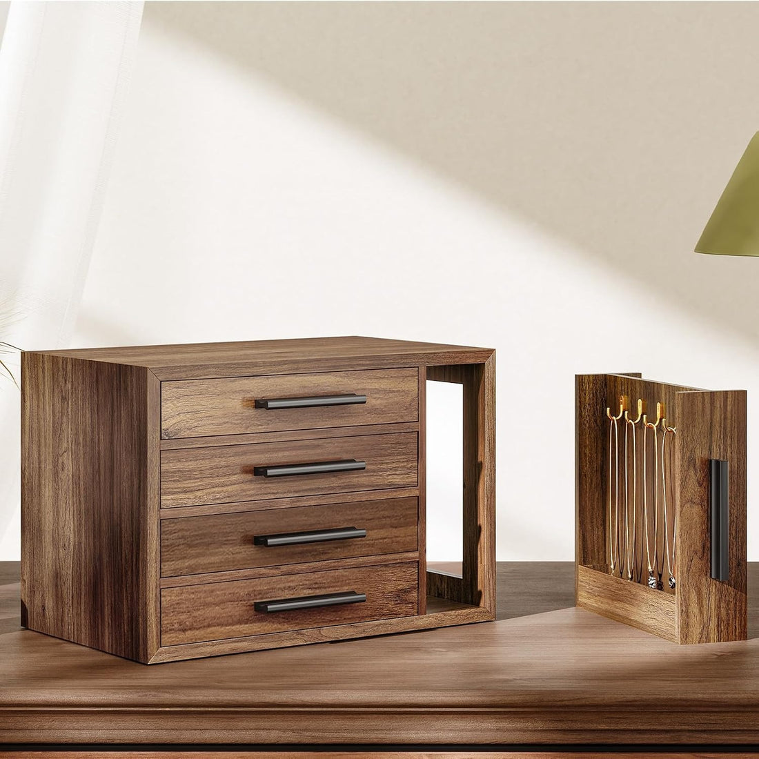 Wooden Jewelry Box for Women with Transparent Window