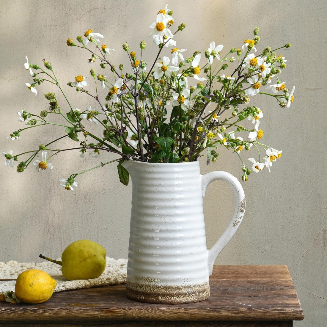 Green Distressed Ceramic Pitcher Vase with Handle – Rustic Farmhouse Decor