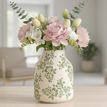 Chinoiserie Green Floral Ceramic Vase – Rustic Retro Farmhouse Crackle Finish