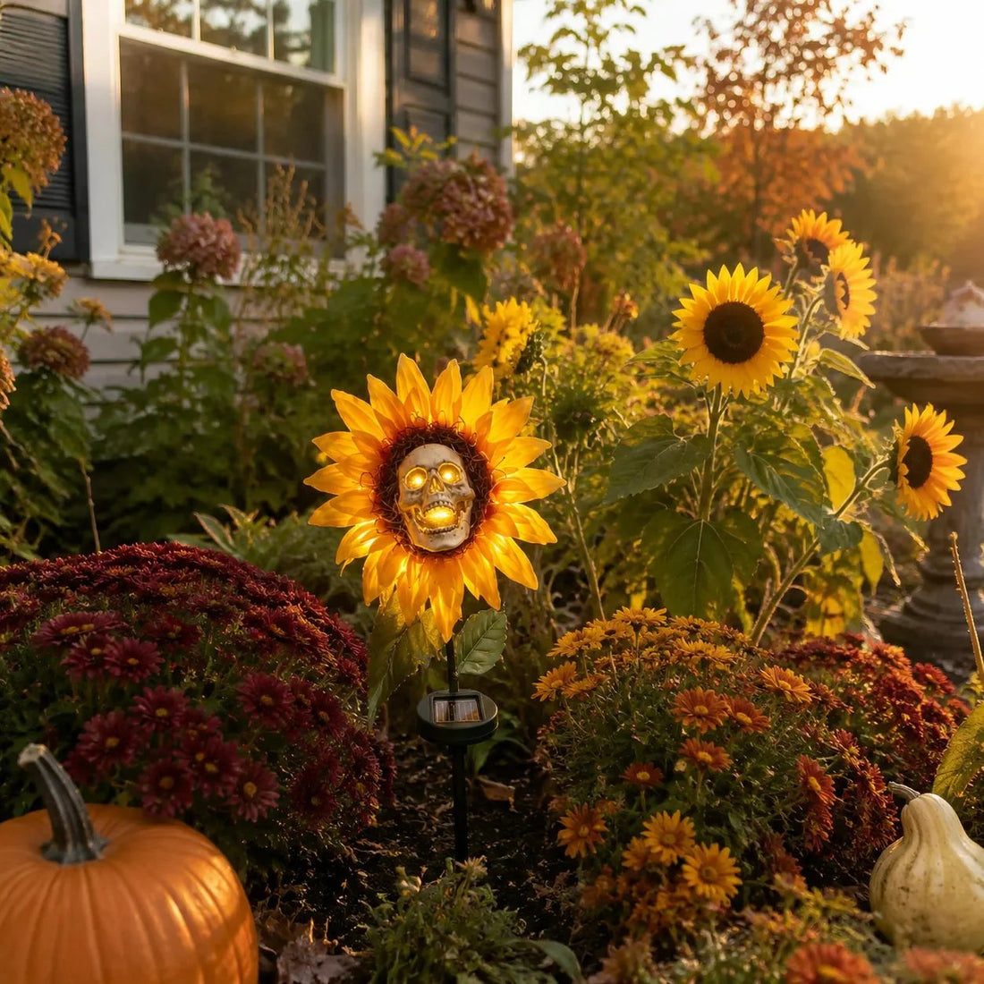 Solar Sunflower Skull Stake Light - Illuminate Your Halloween with Spooky Charm!