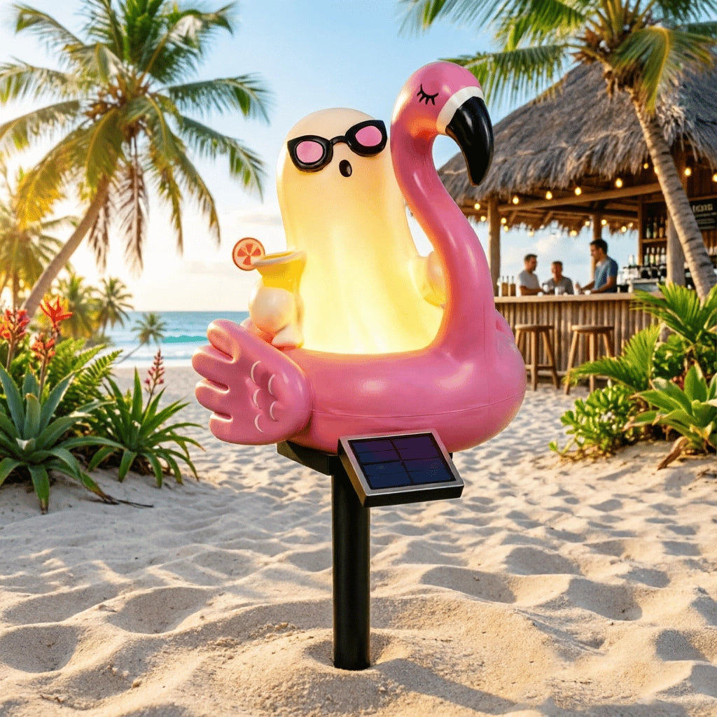 Solar Halloween Ghost Garden Stake Lights — Cute Ghost with Sunglasses in Pink Flamingo Pool Float Outdoor Decor