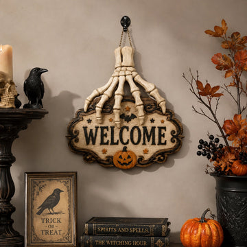 Halloween Skeleton Hand Welcome Hanging Sign