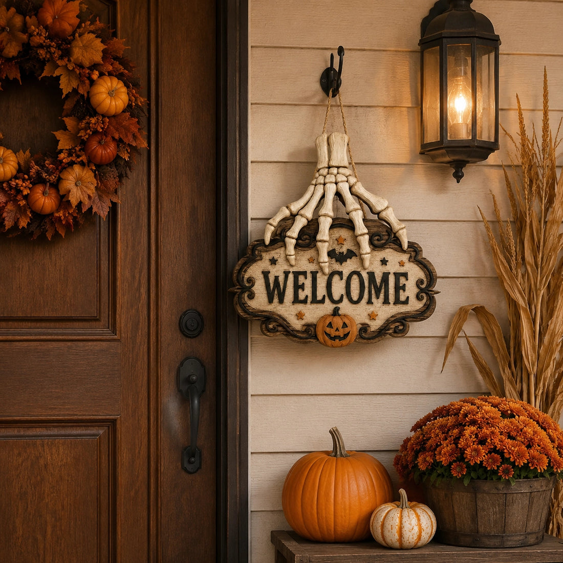 Halloween Skeleton Hand Welcome Hanging Sign
