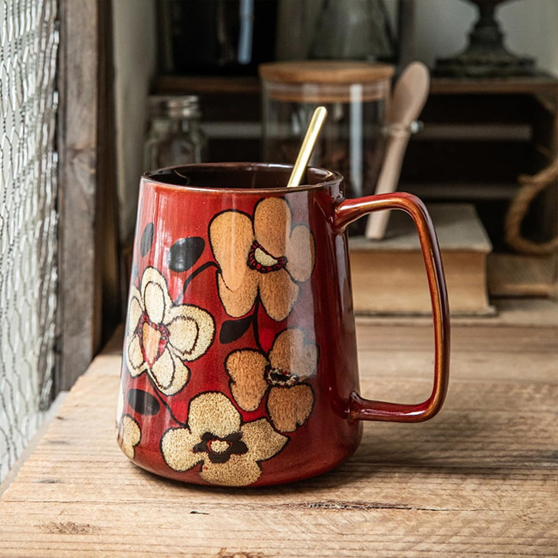 24 oz Vintage Floral Ceramic Coffee Mug with Handle