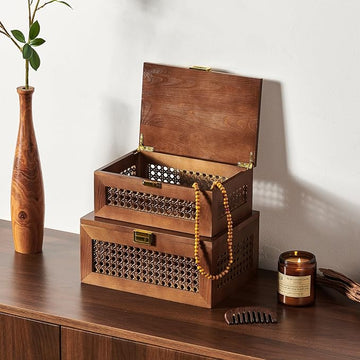 Decorative Rattan Storage Box with Lid – Solid Wood Woven Basket