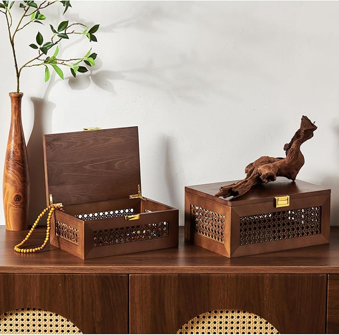 Decorative Rattan Storage Box with Lid – Solid Wood Woven Basket
