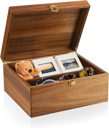Wooden Keepsake Box with Hinged Lid – Memory Treasure Box with Dividers