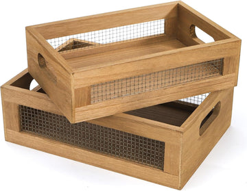 Set of 2 Rustic Wooden Nesting Crates – Antique Storage Baskets with Handles