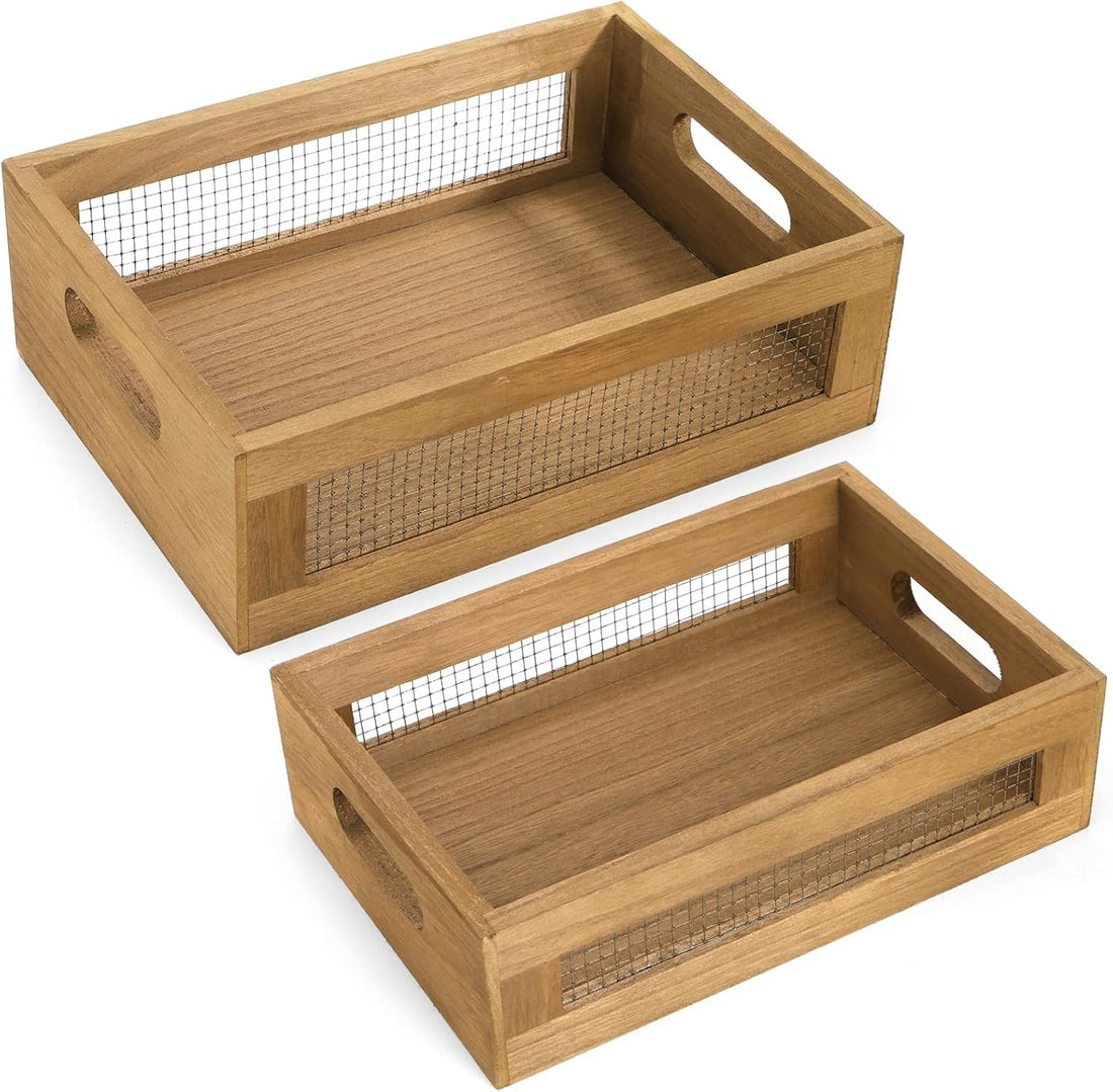 Set of 2 Rustic Wooden Nesting Crates – Antique Storage Baskets with Handles