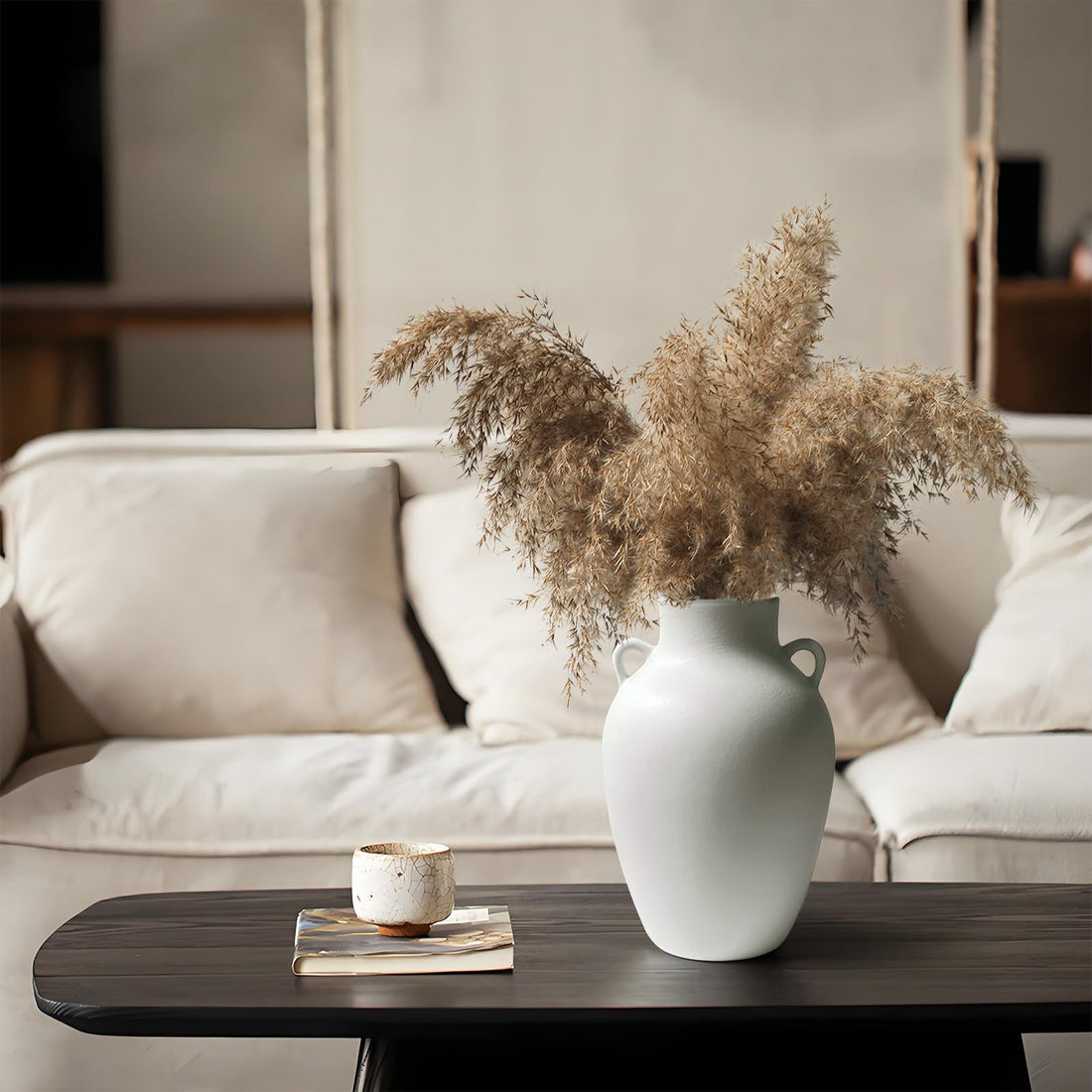 Matte White Ceramic Vase with Handles – 10 Inch Modern Farmhouse Urn Vase