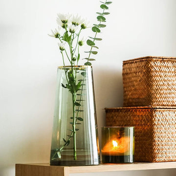Green Glass Flower Vase with Gold Rim – Hand-Blown for Centerpieces