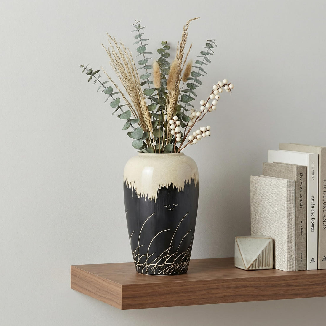 Black and White Ceramic Vase – 8 Inch Modern Vase for Pampas Grass