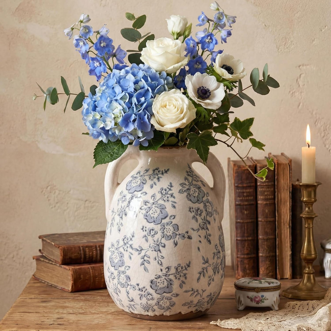 Vintage Chinoiserie Blue and White Pitcher Vase – Retro Ice Crackle Hand-Painted Style