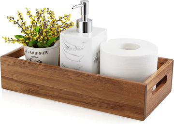 Acacia Wood Bathroom Storage Basket with Handle – Small Narrow Toilet Paper Basket