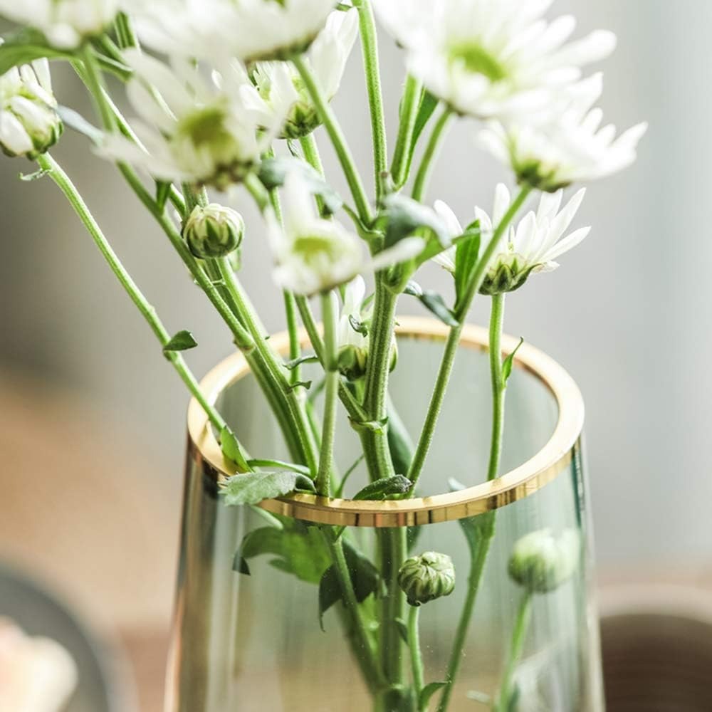 Green Glass Flower Vase with Gold Rim – Hand-Blown for Centerpieces