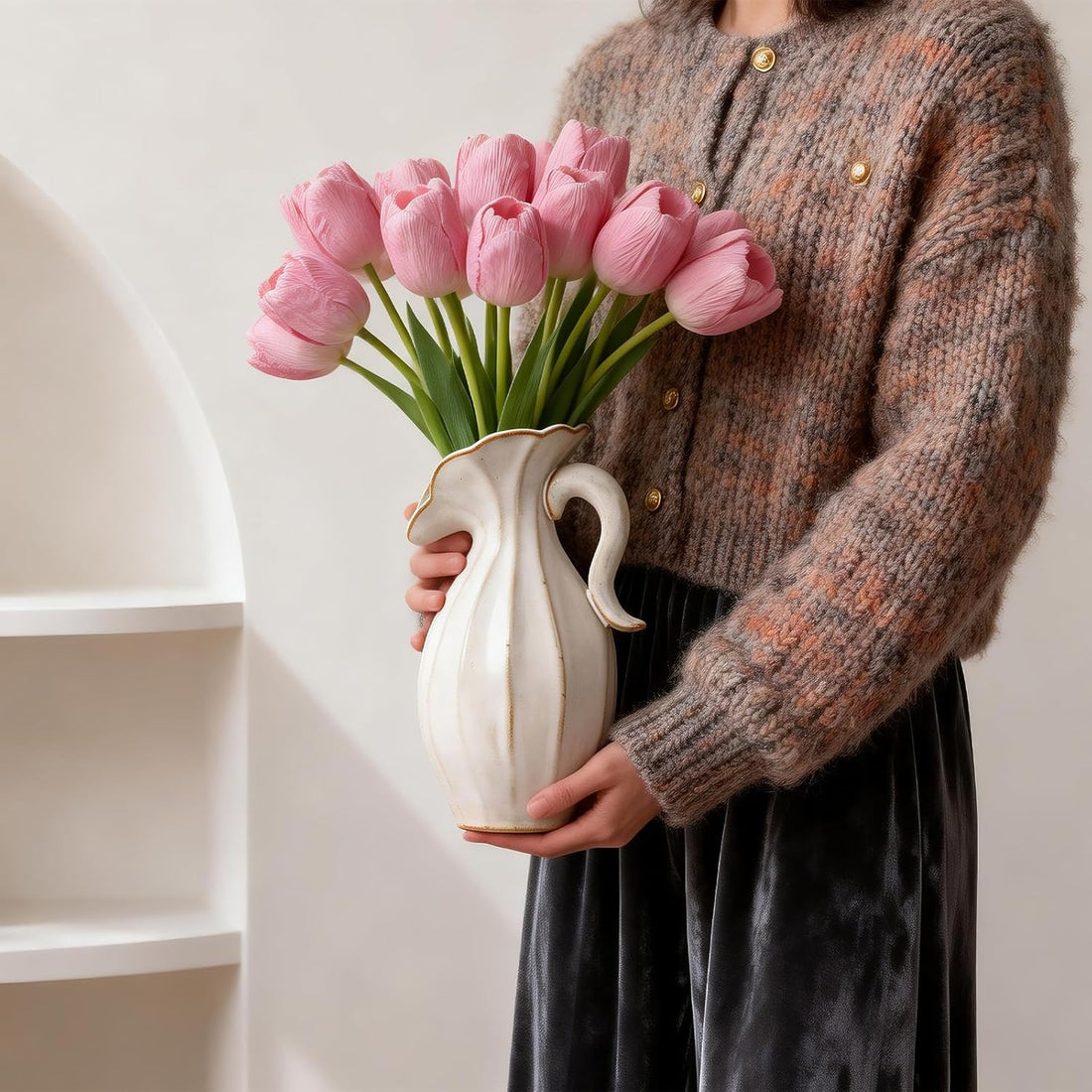 Cream White Reactive Glaze Ceramic Pitcher Vase – Vintage Flower Pitcher