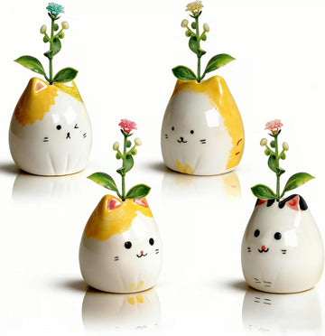 4 Pcs Mini Cat Ceramic Bud Vase Set – Unique Small Flower Vases