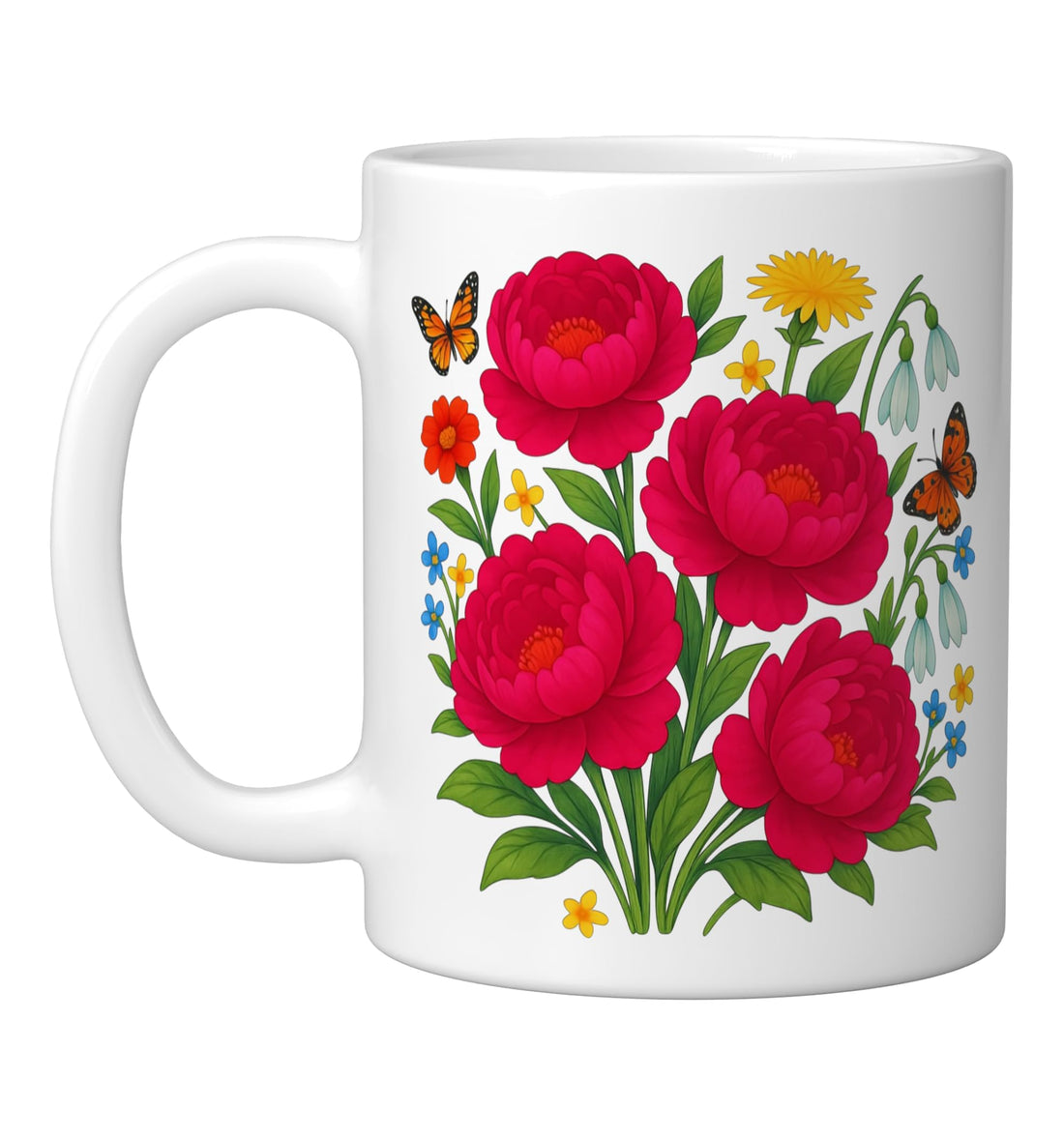 Watercolor Red Peony Floral Ceramic Mug – 11 oz Hand-Painted Bouquet
