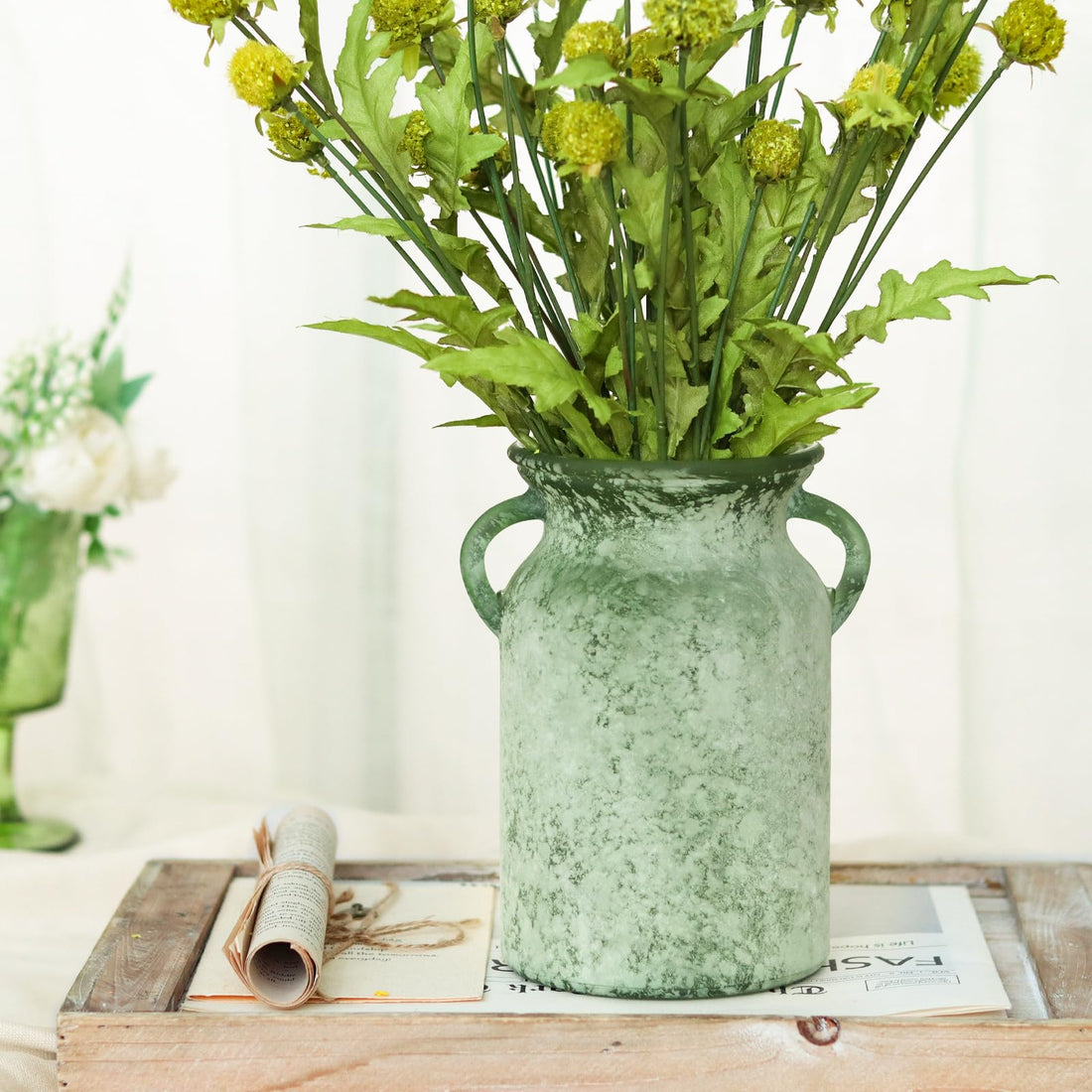 Glass Flower Vase with Handle – 8" Rustic Imitation Ceramic Vase