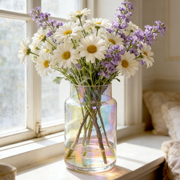 Iridescent Glass Cylinder Vase – 9" Large Thick Flower Vase