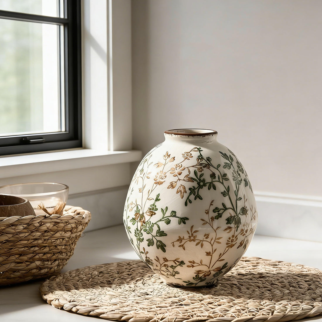 Green and Beige Antique Chinoiserie Vase – 5.83 Inch Vintage Floral Ceramic Vase