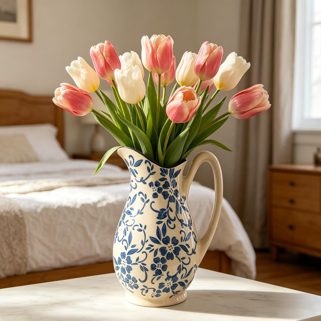 Ceramic Flower Vase with Handle – Rustic Farmhouse Table Vase