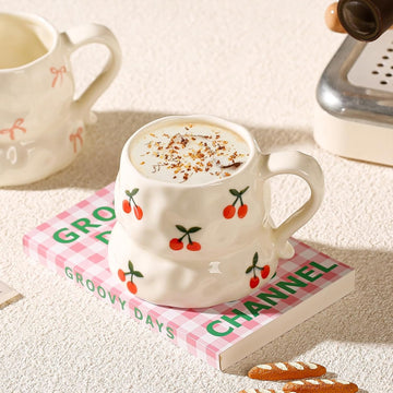 Handmade Ceramic Mug with Cute Flower & Hearts Pattern –  Unique Artistic Tea & Cappuccino Cup