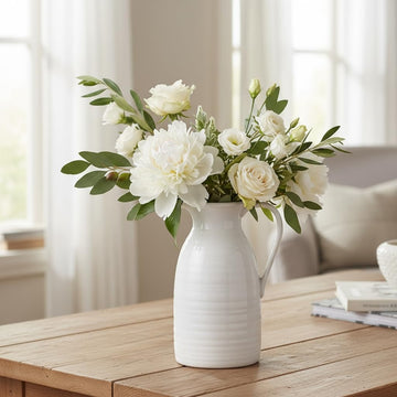 Farmhouse Ceramic Pitcher Vase – White Hand-Glazed Flower Vase