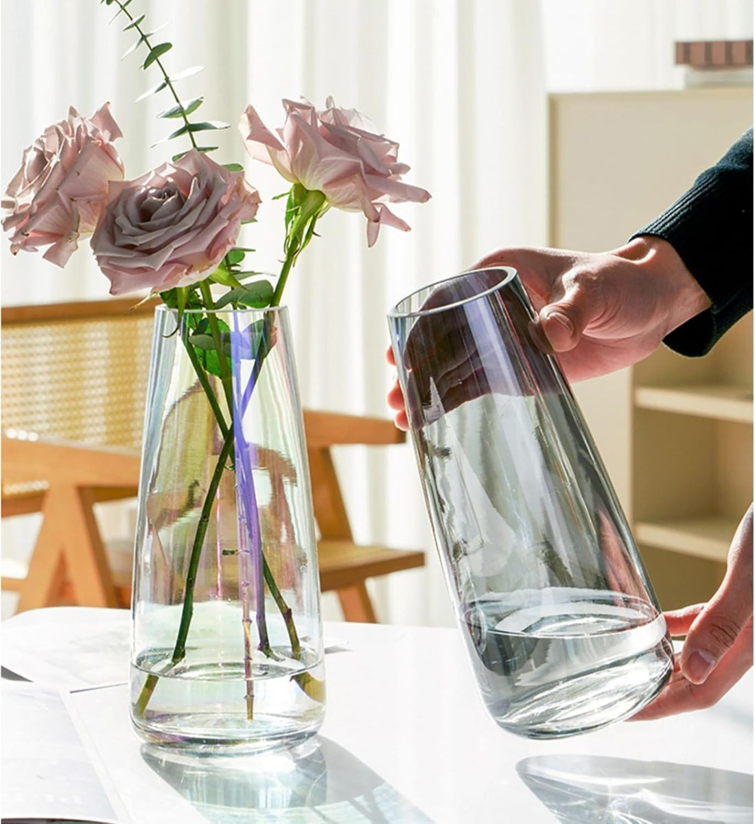 Modern Crystal Clear Glass Vase – Minimalist Straight Barrel & Round Body