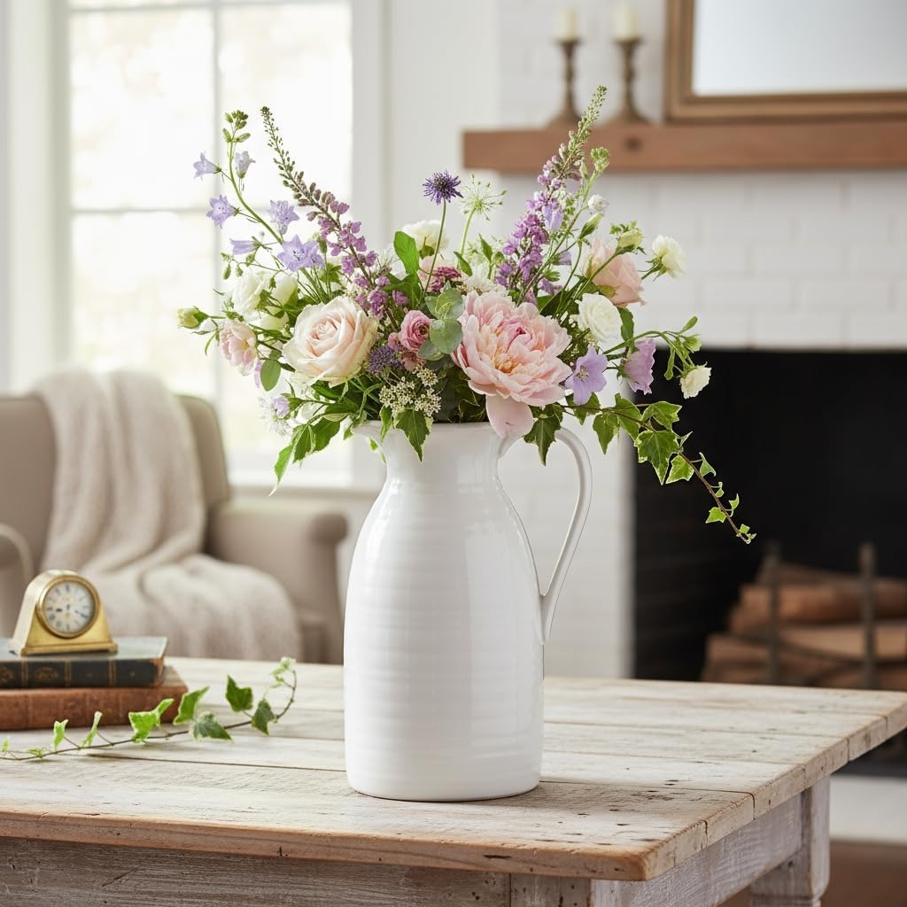 Farmhouse Ceramic Pitcher Vase – White Hand-Glazed Flower Vase