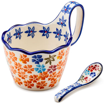 Ceramic Soup Bowl & Mug Set – 14 oz Hand-Painted Floral Stoneware Coffee Cup