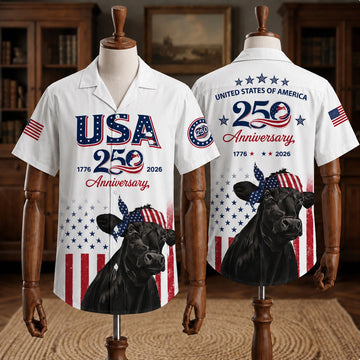 USA 250th Anniversary Black Angus Hawaiian Shirt, Patriotic Cow Shirt