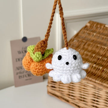 Handmade Crochet Ghost & Pumpkin Car Hanging Ornament