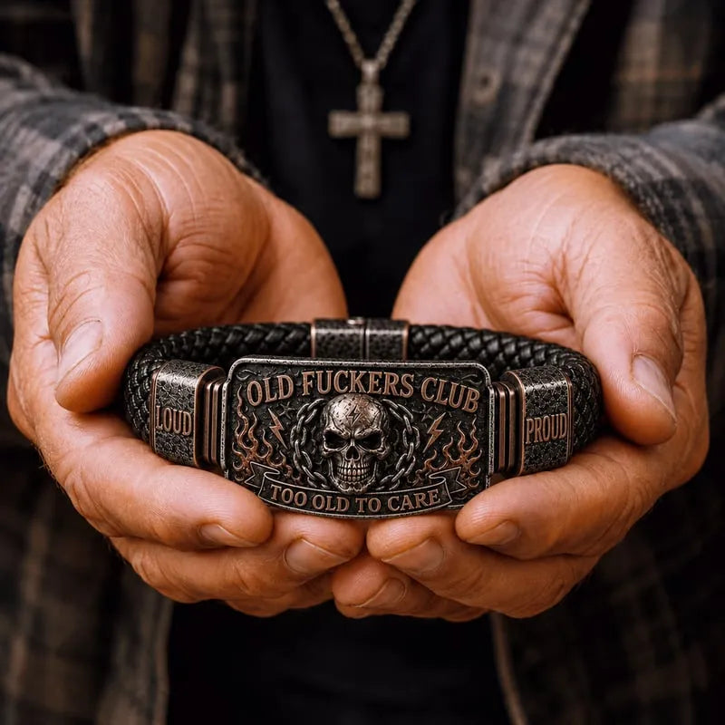 Old F*ckers Club Vintage Skull Flame Biker Braided Bracelet