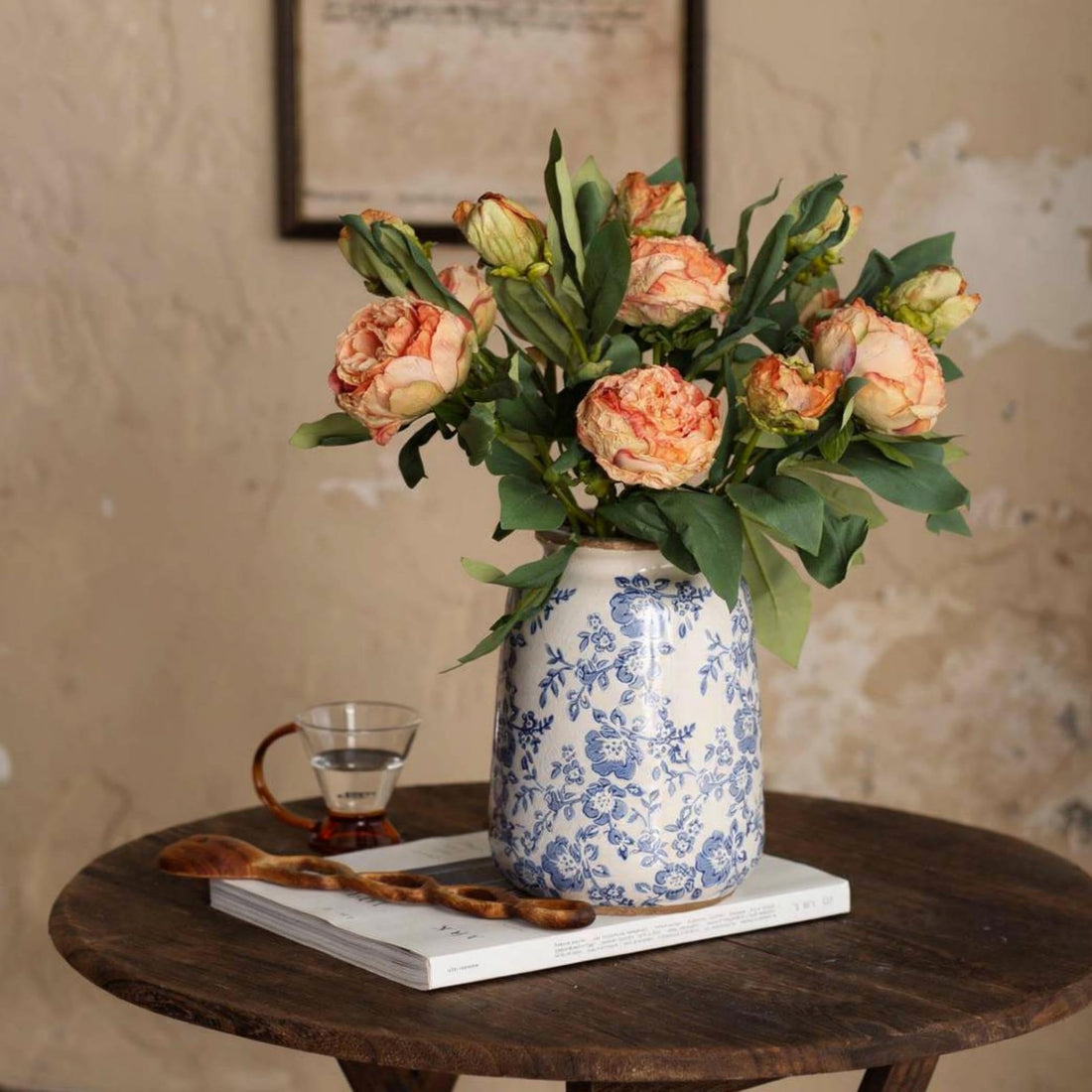 Vintage Blue and White Chinoiserie Ceramic Vase – 6.9" Hand-Painted Peony Floral Design