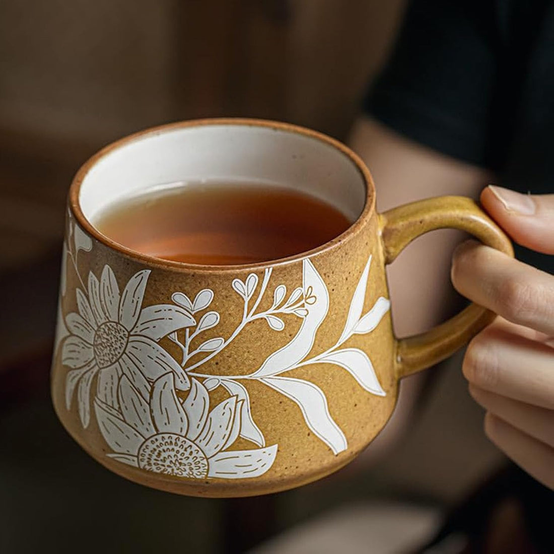 Hand-Painted Floral Ceramic Mug – 16 oz Coffee Latte Cup