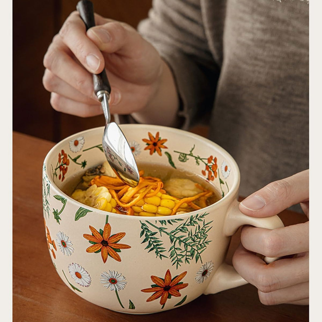 Large Floral Ceramic Soup Mug – 26 oz Porcelain Cup with Handle