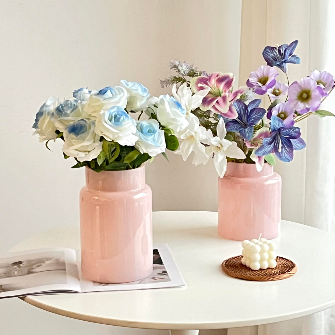 Pink Glass Cylinder Vase – 7" Large Thick Flower Vase